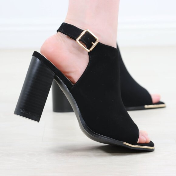 Block Heel Peep Toe Sandals Women’s Black Velvet Gold Buckle Ankle Strap - Picture 12 of 15